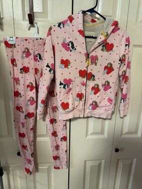 Mini Boden Girls Pink Heart & Puppy Hooded Pajama Set size 10-11; 11-12